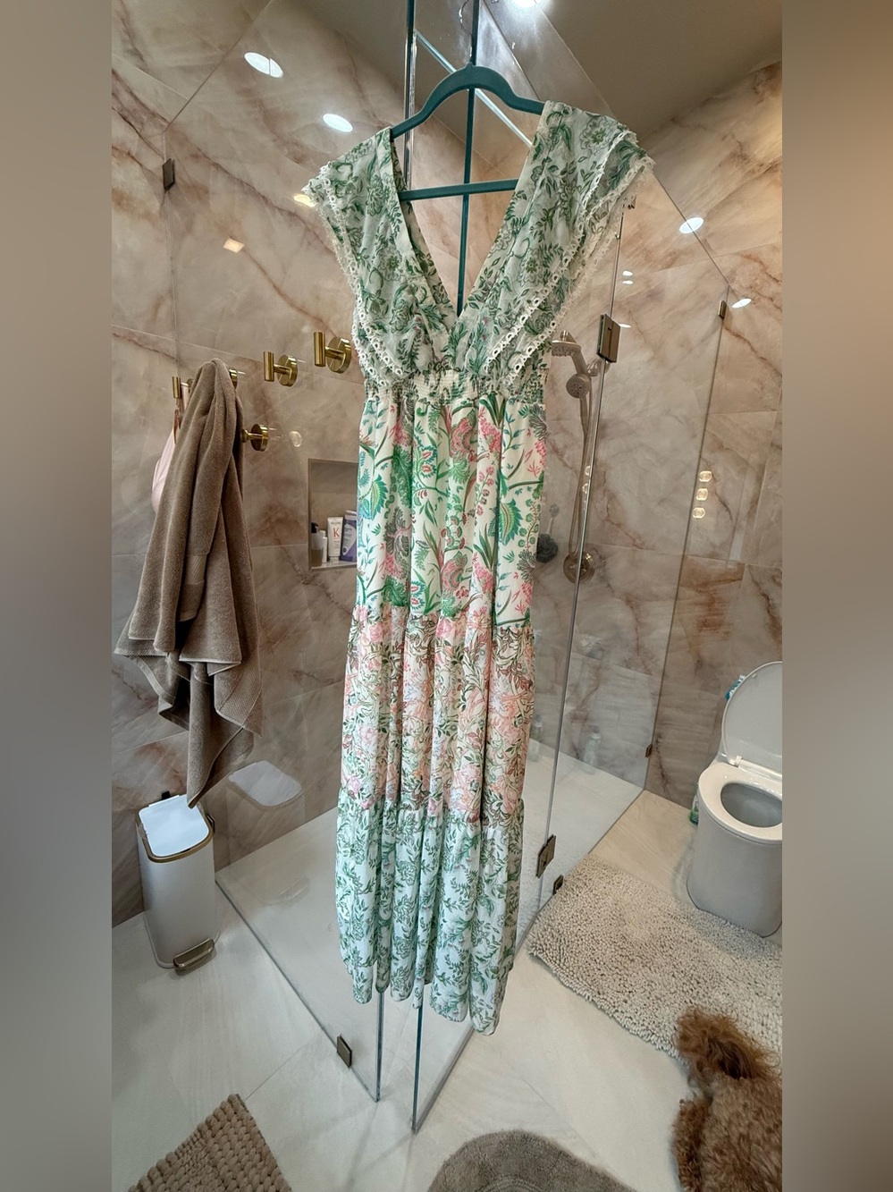 House of Harlow 1960 Green and Pink Floral V-Neck Tiered Maxi Dress